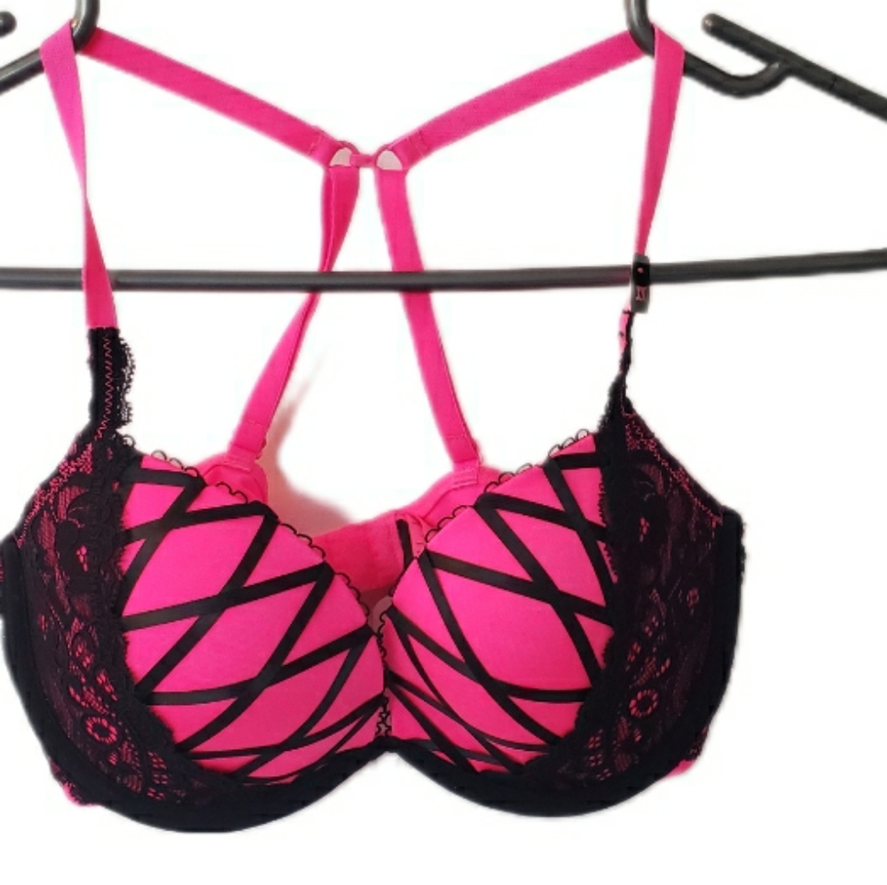 LaSenza New Pink and Black Lace Corset Silk Tie Women's Bra 32C *